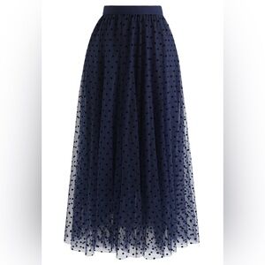 NAVY POLKA DOTS DOUBLE-LAYERED MESH TULLE SKIRT